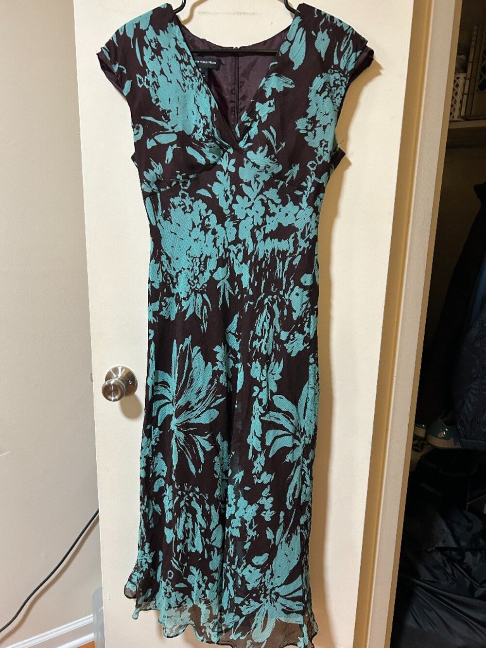 Jones New York -- y2k teal/ brown silk midi dress